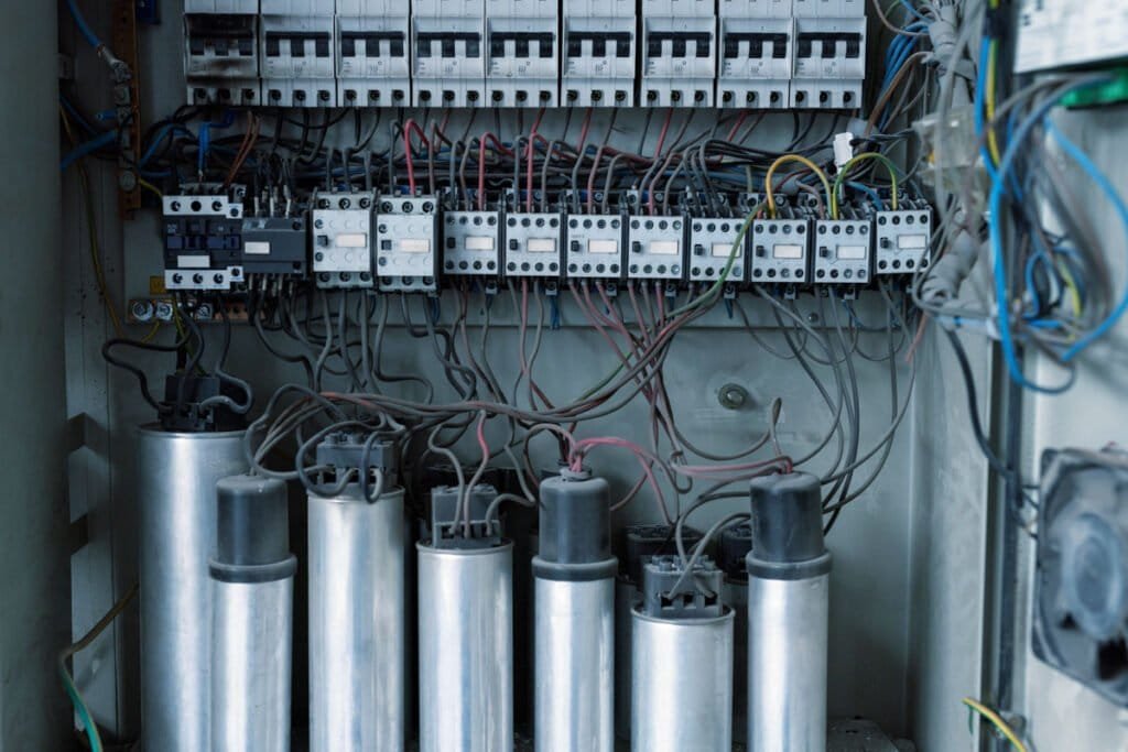 TunaSolar S.L.P. detail of a capacitor bank with cables, fuses and other electric